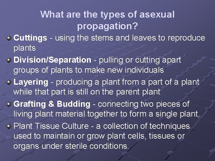 What are the types of asexual propagation? Cuttings - using the stems and leaves