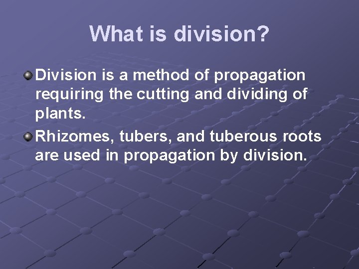 What is division? Division is a method of propagation requiring the cutting and dividing