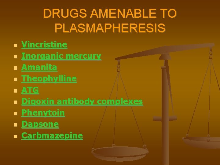 DRUGS AMENABLE TO PLASMAPHERESIS Vincristine Inorganic mercury Amanita Theophylline ATG Digoxin antibody complexes Phenytoin