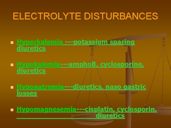 ELECTROLYTE DISTURBANCES Hyperkalemia ---potassium sparing diuretics Hypokalemia---ampho. B, cyclosporine, diuretics Hyponatremia---diuretics, naso gastric losses