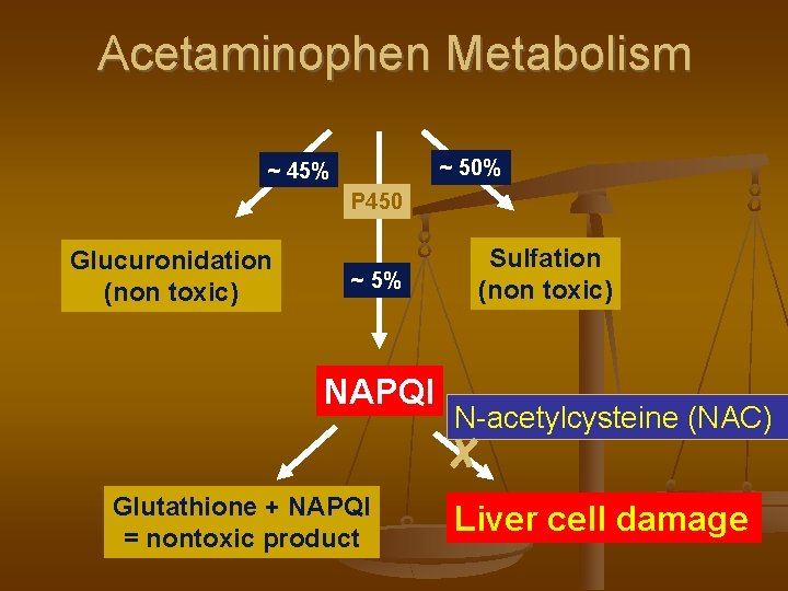 Acetaminophen Metabolism ~ 50% ~ 45% P 450 Glucuronidation (non toxic) ~ 5% NAPQI