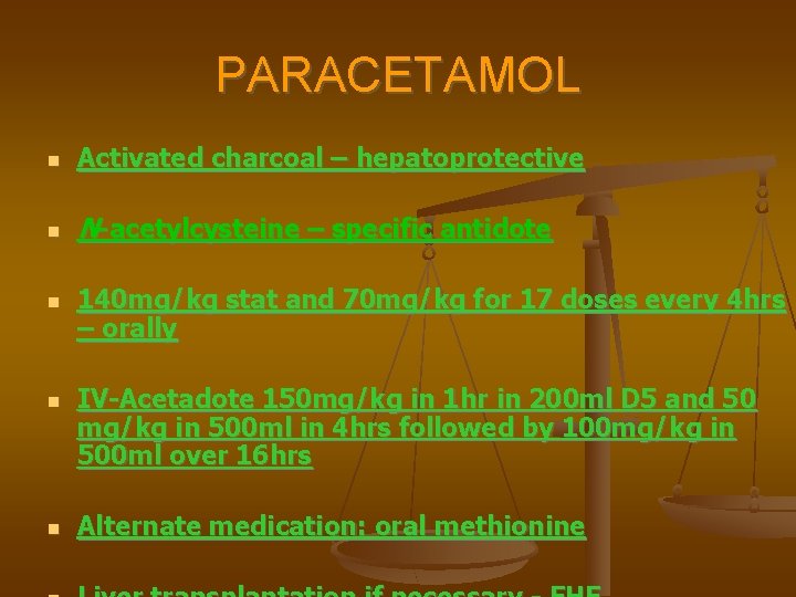 PARACETAMOL Activated charcoal – hepatoprotective N-acetylcysteine – specific antidote 140 mg/kg stat and 70