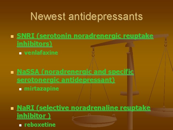 Newest antidepressants SNRI (serotonin noradrenergic reuptake inhibitors) Na. SSA (noradrenergic and specific serotonergic antidepressant)