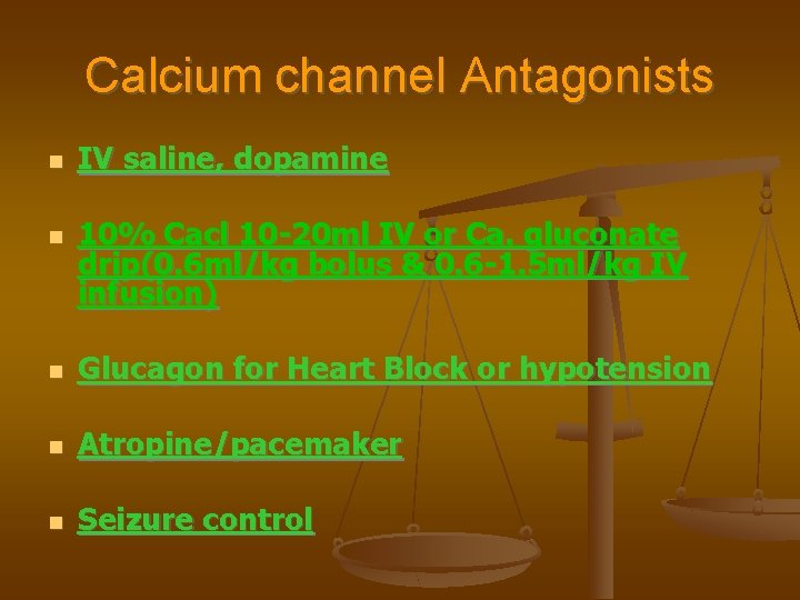 Calcium channel Antagonists IV saline, dopamine 10% Cacl 10 -20 ml IV or Ca.