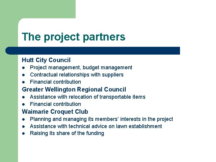 The project partners Hutt City Council l Project management, budget management Contractual relationships with