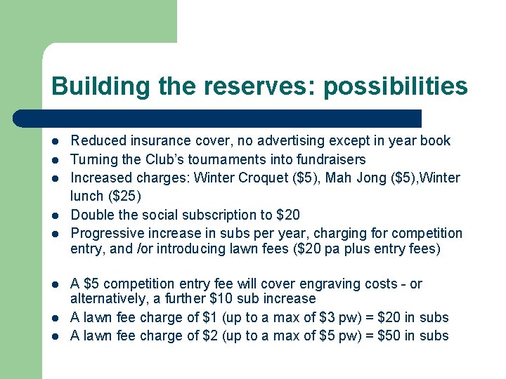 Building the reserves: possibilities l l l l Reduced insurance cover, no advertising except
