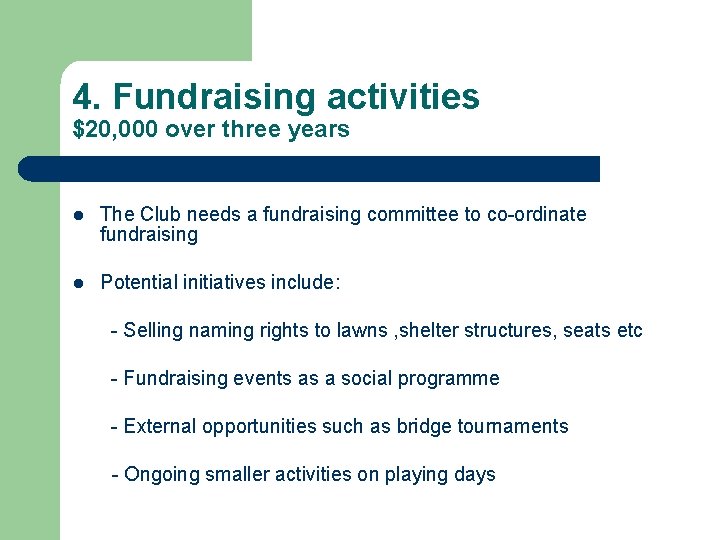 4. Fundraising activities $20, 000 over three years l The Club needs a fundraising