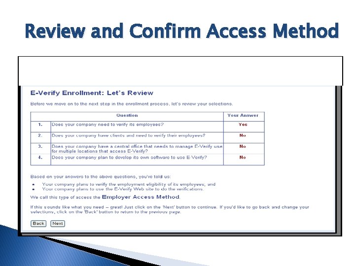 Review and Confirm Access Method 