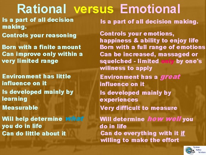 Rational versus Emotional Is a part of all decision making. Controls your reasoning Born