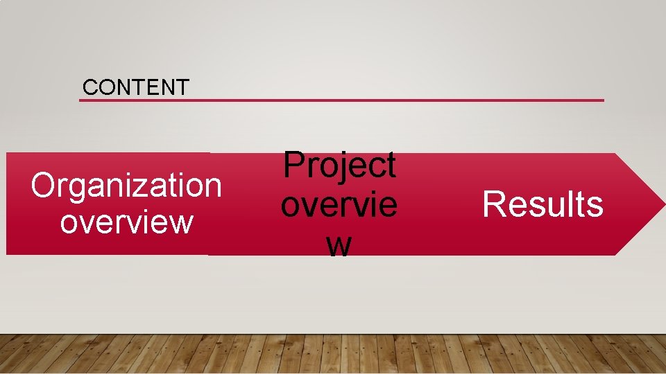 CONTENT Organization overview Project overvie w Results 