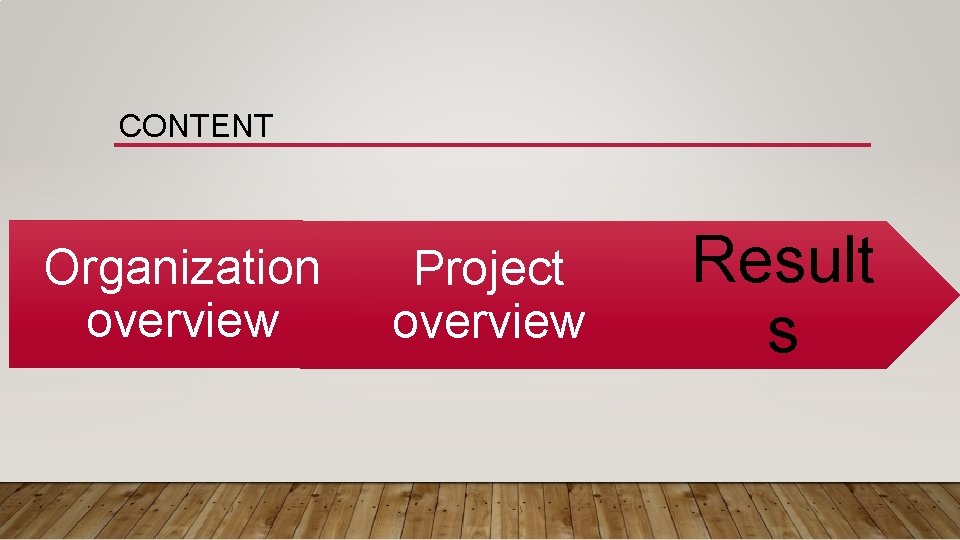 CONTENT Organization overview Project overview Result s 