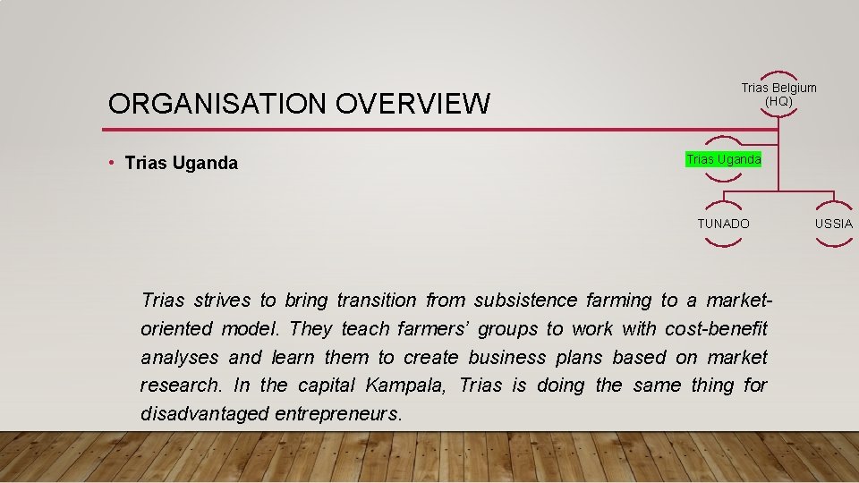 ORGANISATION OVERVIEW • Trias Uganda Trias Belgium (HQ) Trias Uganda TUNADO Trias strives to