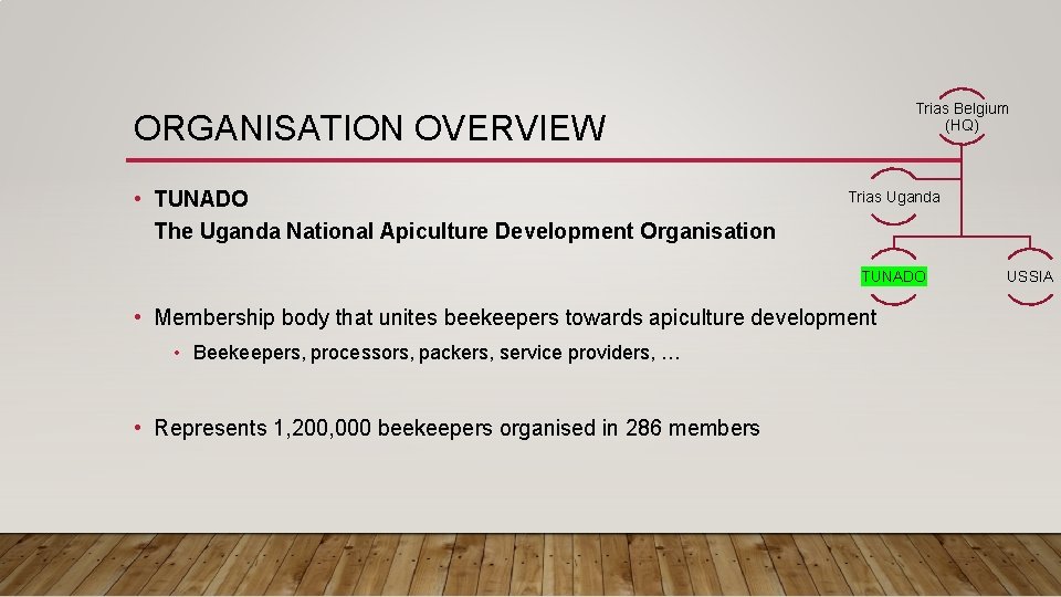 Trias Belgium (HQ) ORGANISATION OVERVIEW • TUNADO The Uganda National Apiculture Development Organisation Trias