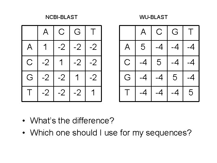 NCBI-BLAST G WU-BLAST A C A 1 -2 -2 -2 C -2 1 G