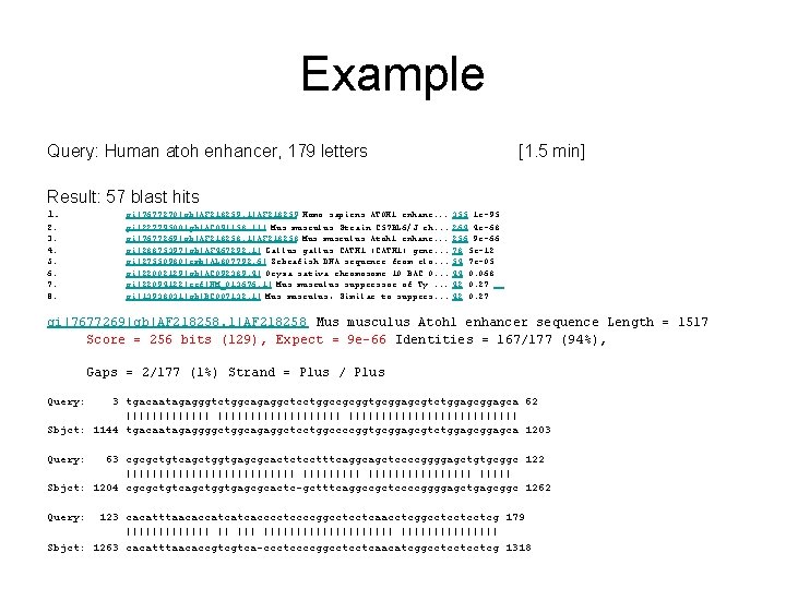 Example Query: Human atoh enhancer, 179 letters [1. 5 min] Result: 57 blast hits