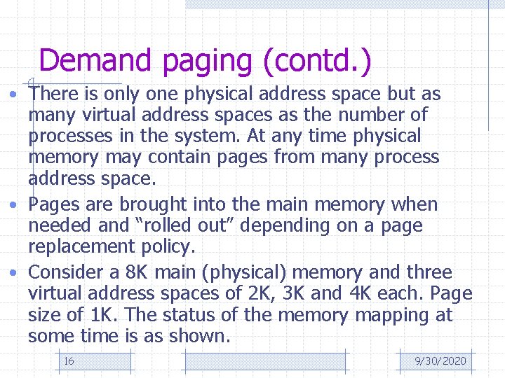 Demand paging (contd. ) • There is only one physical address space but as