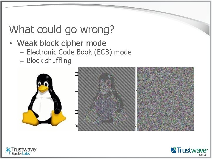 What could go wrong? • Weak block cipher mode – Electronic Code Book (ECB)