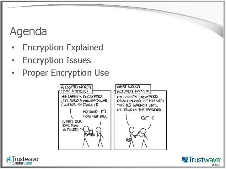 Agenda • Encryption Explained • Encryption Issues • Proper Encryption Use © 2012 