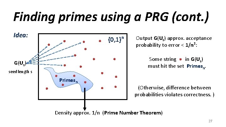 Finding primes using a PRG (cont. ) Idea: {0, 1}n Output G(Us) approx. acceptance
