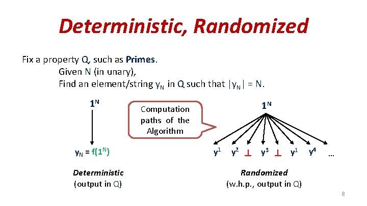 Deterministic, Randomized Fix a property Q, such as Primes. Given N (in unary), Find