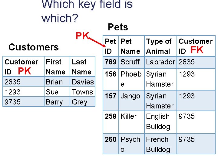 Which key field is which? PK Customers Customer ID PK 2635 1293 9735 First Which key field is which? PK Customers Customer ID PK 2635 1293 9735 First