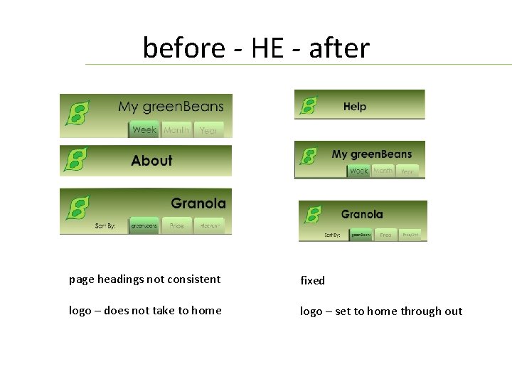 before - HE - after page headings not consistent fixed logo – does not