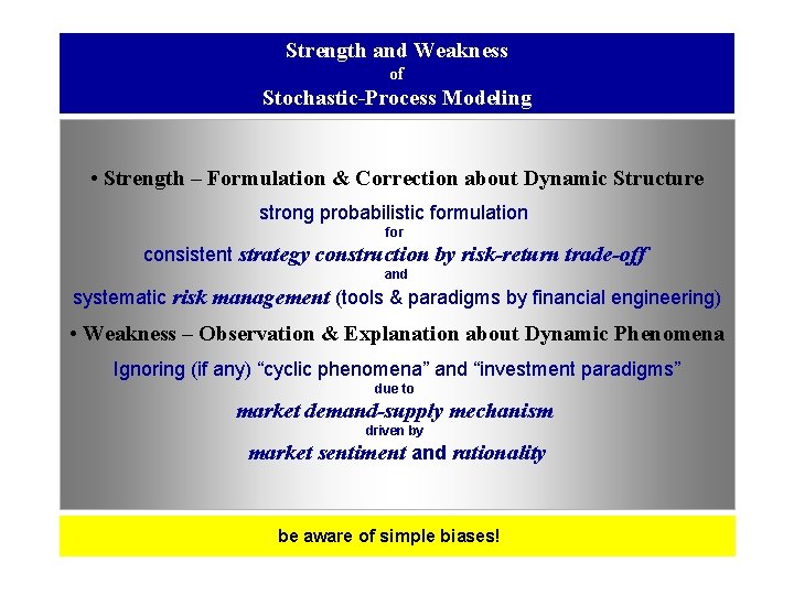 Strength and Weakness of Stochastic-Process Modeling • Strength – Formulation & Correction about Dynamic