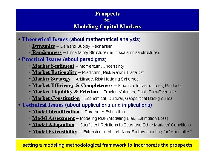 Prospects for Modeling Capital Markets • Theoretical Issues (about mathematical analysis) • Dynamics –