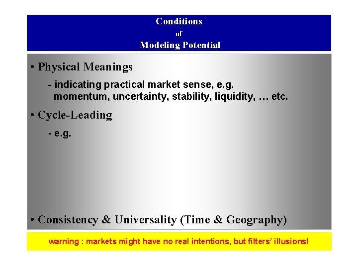 Conditions of Modeling Potential • Physical Meanings - indicating practical market sense, e. g.
