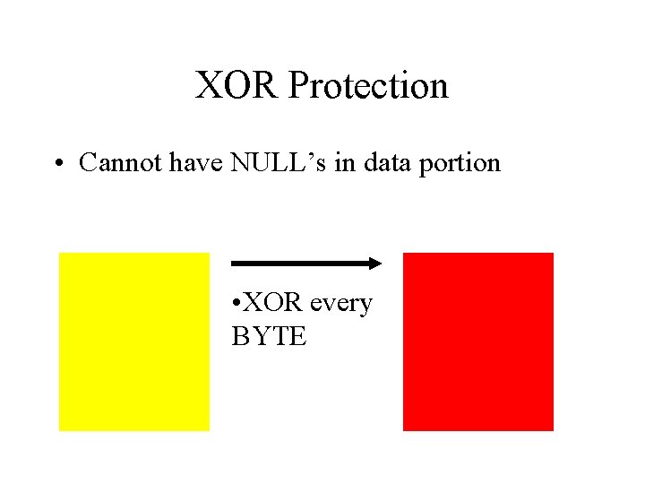 XOR Protection • Cannot have NULL’s in data portion • XOR every BYTE 