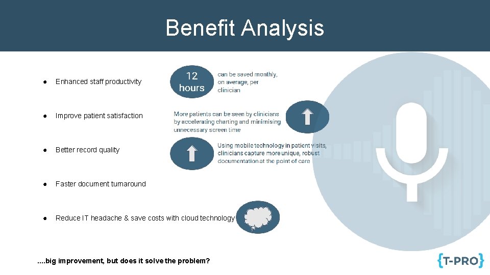 Benefit Analysis ● Enhanced staff productivity ● Improve patient satisfaction ● Better record quality