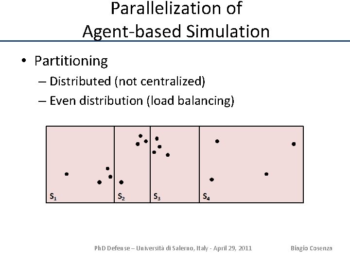 Parallelization of Agent-based Simulation • Partitioning – Distributed (not centralized) – Even distribution (load