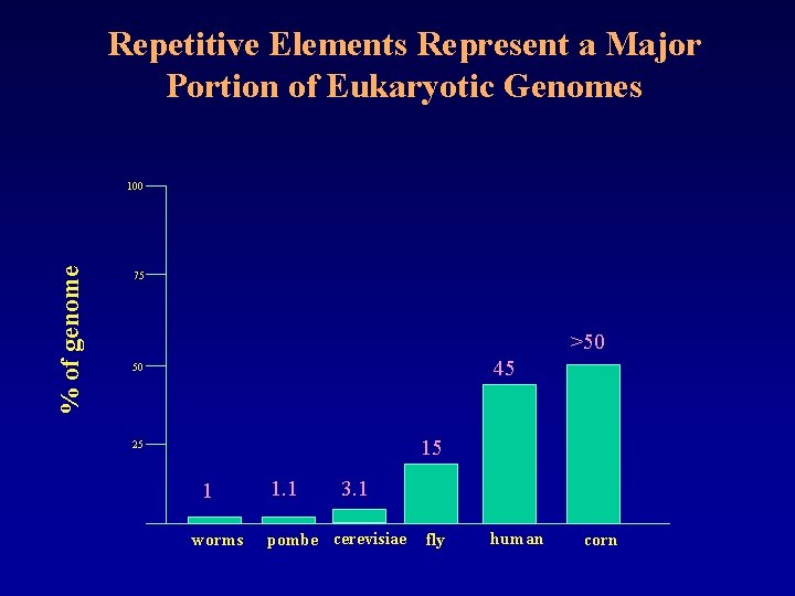 Repetitive Elements Represent a Major Portion of Eukaryotic Genomes % of genome 100 75