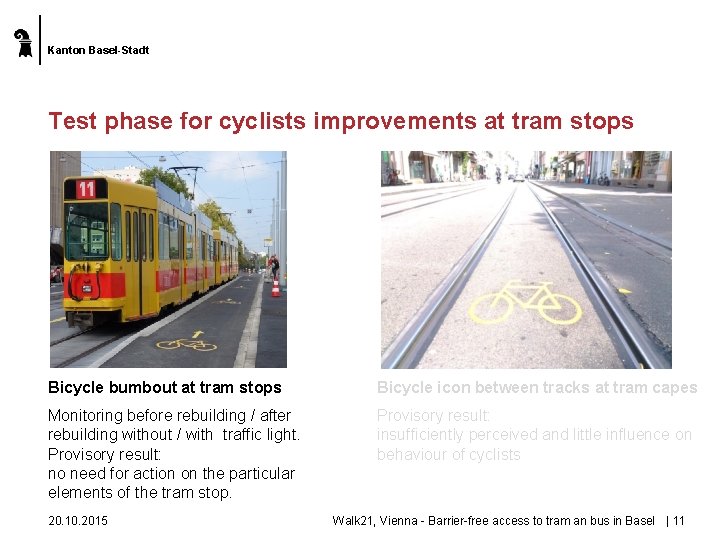 Kanton Basel-Stadt Test phase for cyclists improvements at tram stops Bicycle bumbout at tram