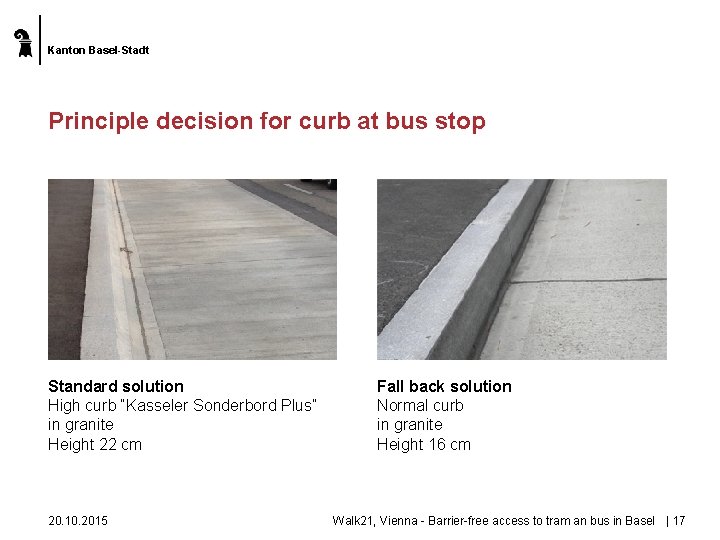 Kanton Basel-Stadt Principle decision for curb at bus stop Standard solution High curb “Kasseler