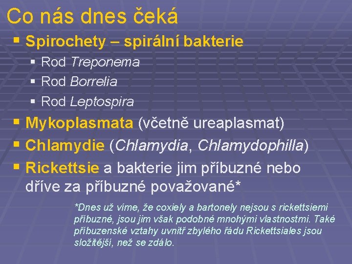 Co nás dnes čeká § Spirochety – spirální bakterie § Rod Treponema § Rod