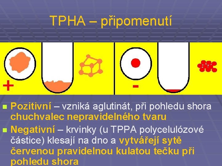 TPHA – připomenutí Pozitivní – vzniká aglutinát, při pohledu shora chuchvalec nepravidelného tvaru n