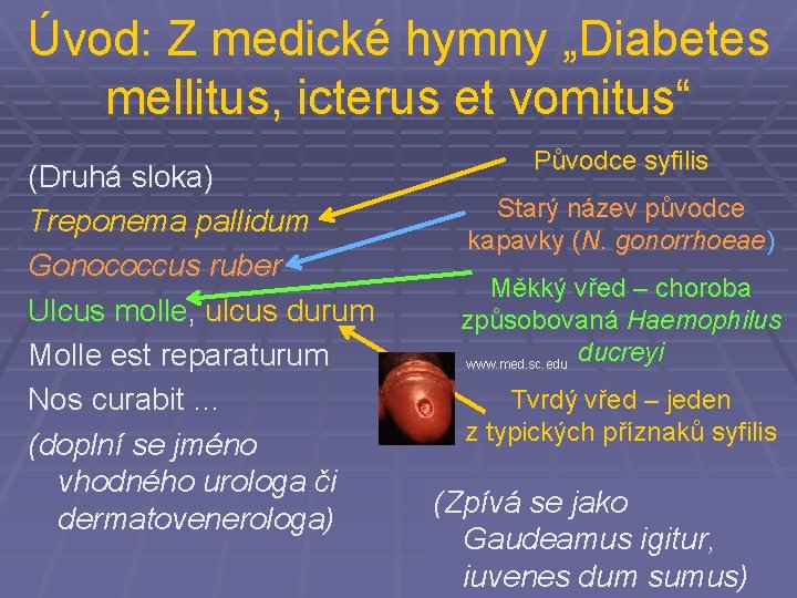 Úvod: Z medické hymny „Diabetes mellitus, icterus et vomitus“ (Druhá sloka) Treponema pallidum Gonococcus
