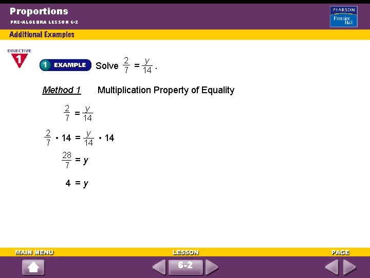 Proportions PRE-ALGEBRA LESSON 6 -2 2 y Solve = . 7 14 Method 1