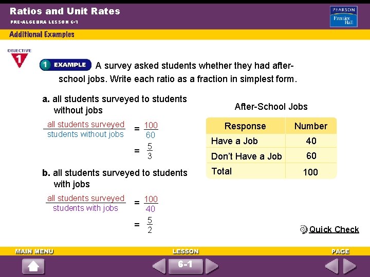 Ratios and Unit Rates PRE-ALGEBRA LESSON 6 -1 A survey asked students whether they