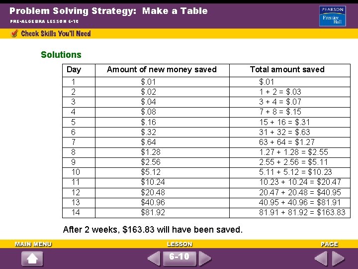 Problem Solving Strategy: Make a Table PRE-ALGEBRA LESSON 6 -10 Solutions Day 1 2