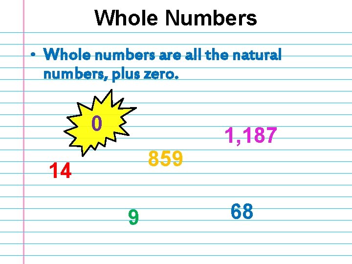 Whole Numbers • Whole numbers are all the natural numbers, plus zero. 0 859