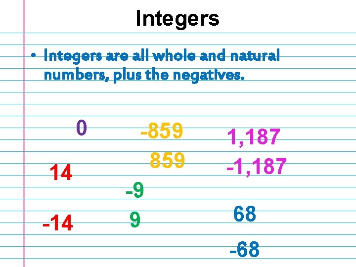 Integers • Integers are all whole and natural numbers, plus the negatives. 0 14