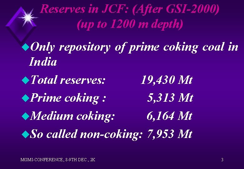 Reserves in JCF: (After GSI-2000) (up to 1200 m depth) u. Only repository of