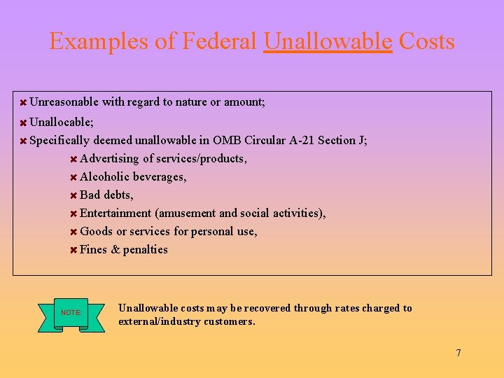 Examples of Federal Unallowable Costs Unreasonable with regard to nature or amount; Unallocable; Specifically