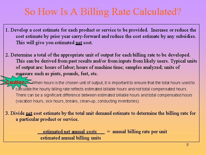 So How Is A Billing Rate Calculated? 1. Develop a cost estimate for each