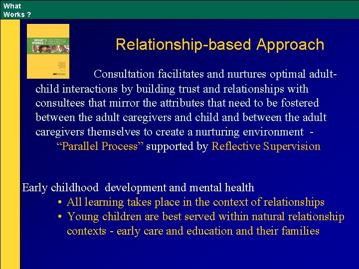 What Works ? Relationship-based Approach Consultation facilitates and nurtures optimal adultchild interactions by building