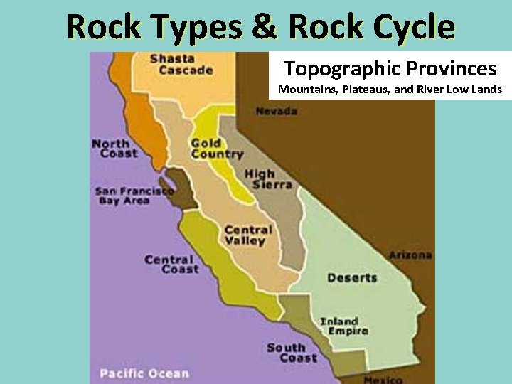 Rock Types & Rock Cycle Topographic Provinces Mountains, Plateaus, and River Low Lands 