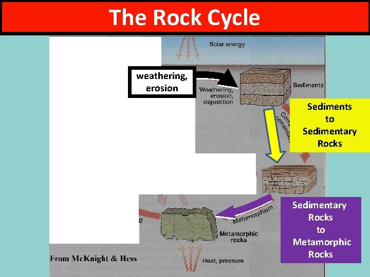 The Rock Cycle weathering, erosion Sediments to Sedimentary Rocks to Metamorphic Rocks 