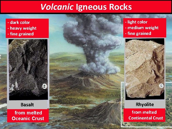 Volcanic Igneous Rocks - dark color at/near surface: - heavy weight - fine grained